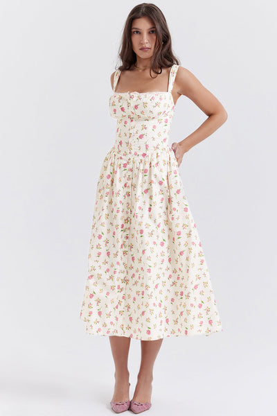 Damen-Midikleid aus Viskose mit Blumenmuster und V-Ausschnitt