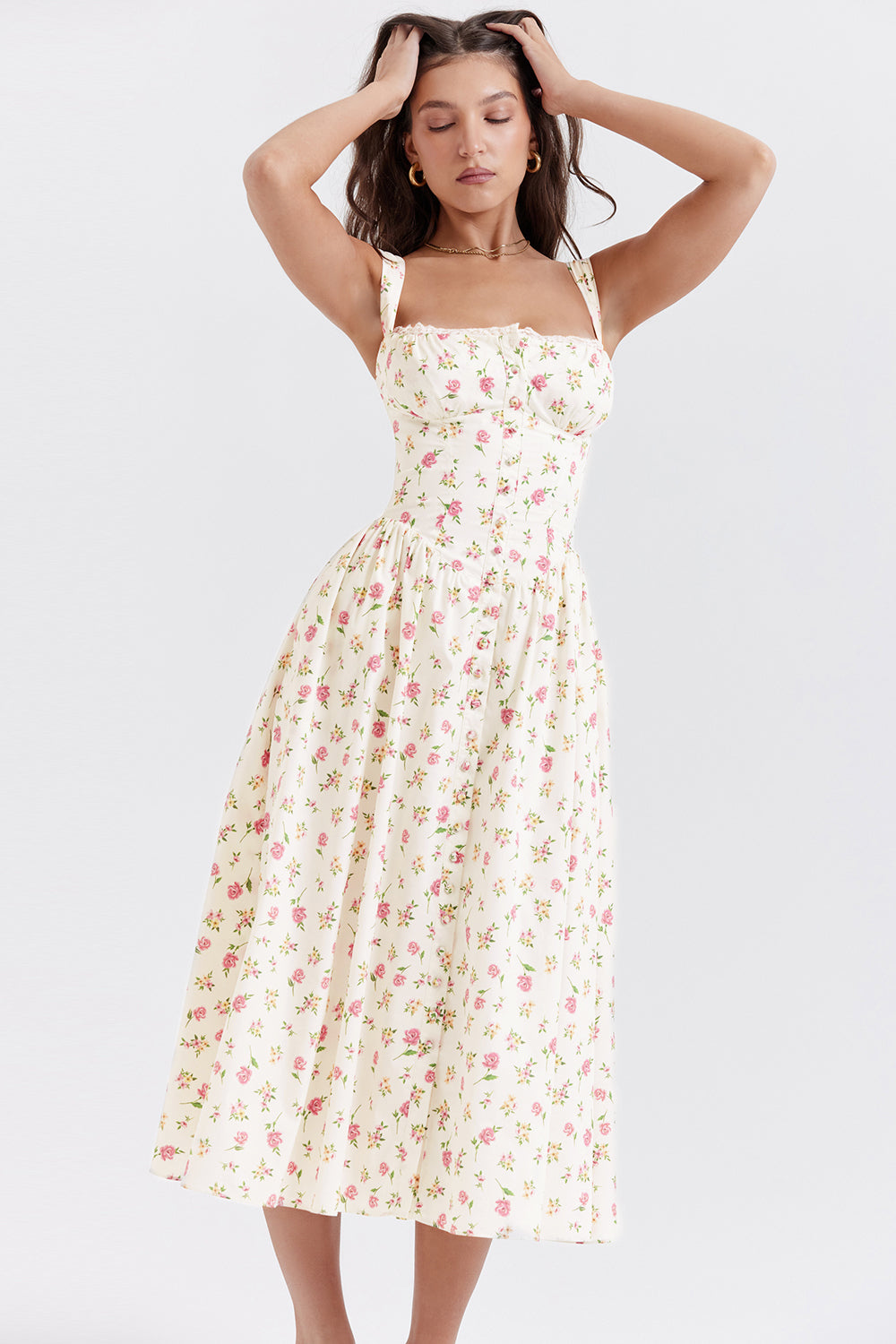 Damen-Midikleid aus Viskose mit Blumenmuster und V-Ausschnitt