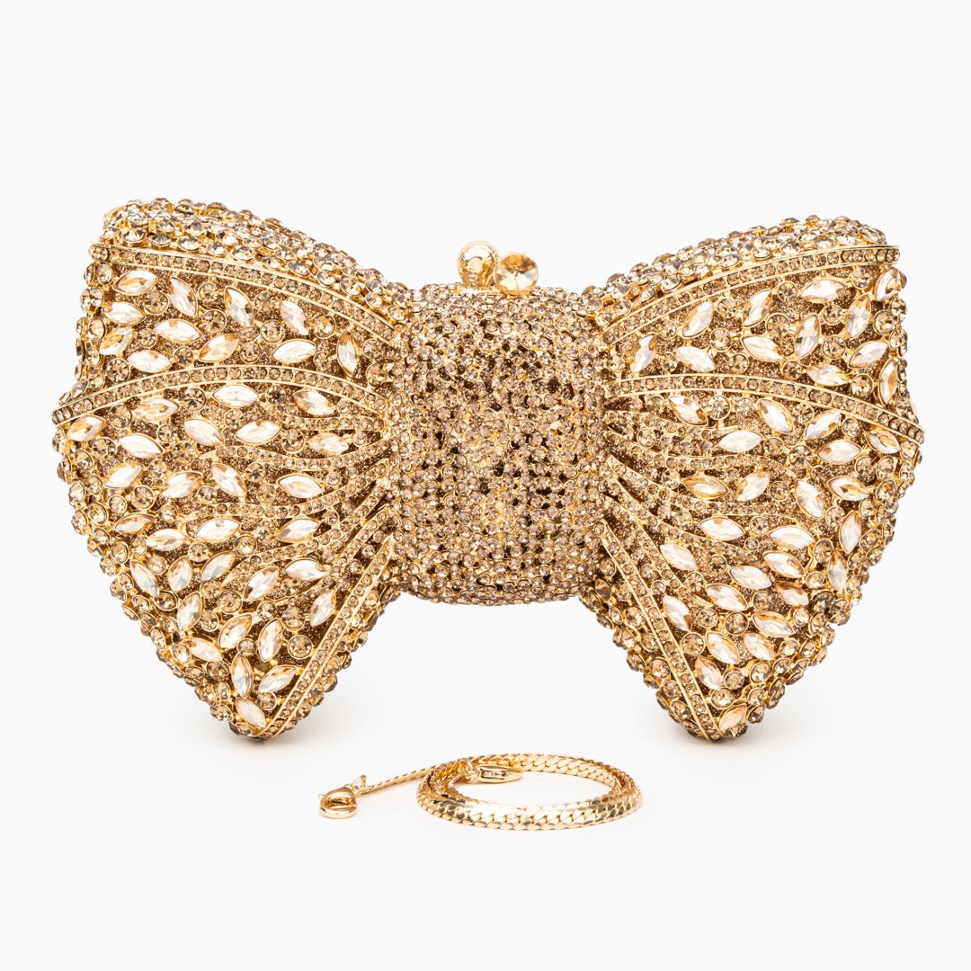 Loulou | Goldene Clutch in Schleifenform mit Kristallbesatz – Glitzernde Abendtasche für Damen mit Magnetverschluss