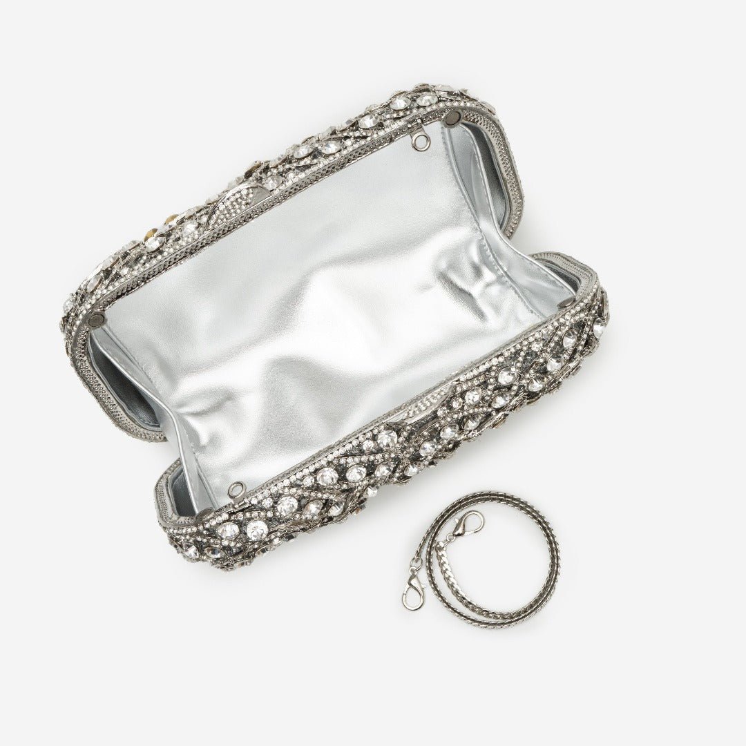 Valentina | Silberne Clutch mit Kristallbesatz – Glitzernde Abendtasche für Damen mit funkelndem Strass