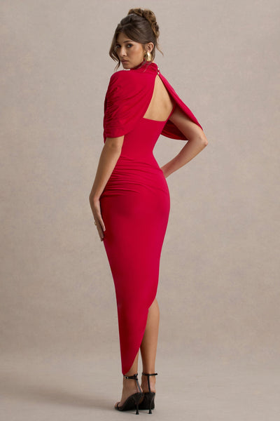 Drapiertes Midikleid – Figurbetontes Abendkleid mit Stehkragen & Cape-Detail