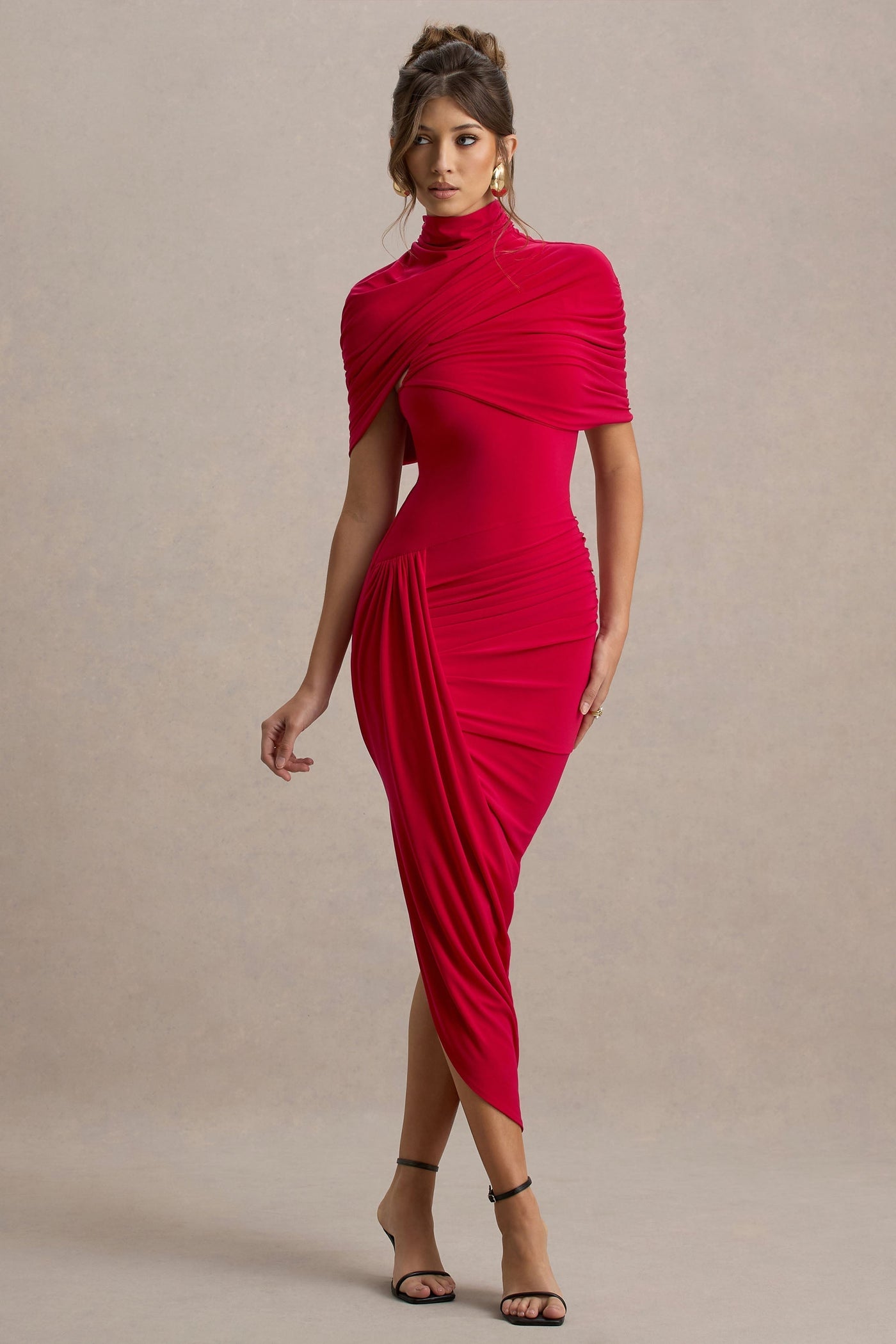 Drapiertes Midikleid – Figurbetontes Abendkleid mit Stehkragen & Cape-Detail