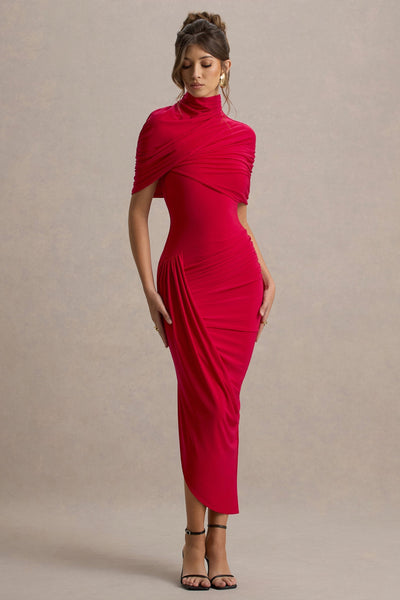 Drapiertes Midikleid – Figurbetontes Abendkleid mit Stehkragen & Cape-Detail