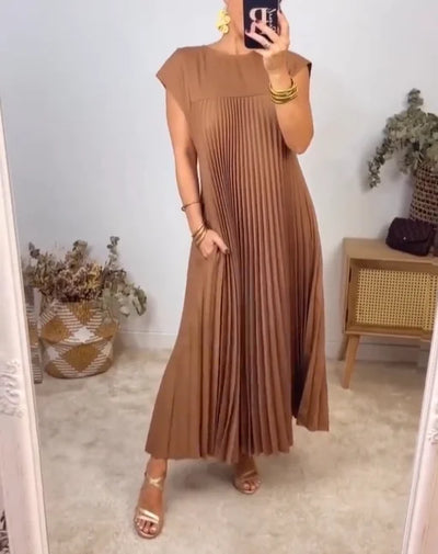 Elegantes Plisseekleid in Beige – Ärmelloses A-Linien Midikleid mit Struktur & Taschen