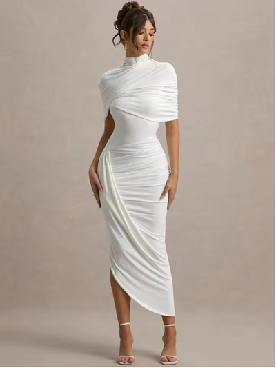 Drapiertes Midikleid – Figurbetontes Abendkleid mit Stehkragen & Cape-Detail