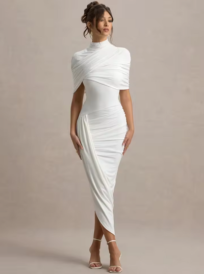 Drapiertes Midikleid – Figurbetontes Abendkleid mit Stehkragen & Cape-Detail