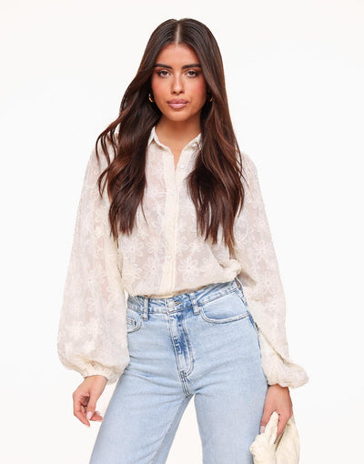 Elegante transparente Bluse mit Blumenmuster – Creme