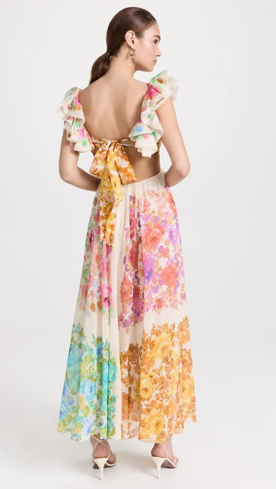 Maxikleid mit Blumenmuster, V-Ausschnitt und Rüschen-Trägern für Damen