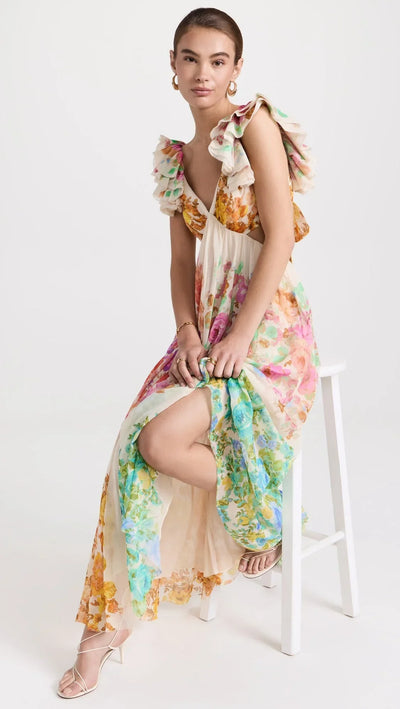 Maxikleid mit Blumenmuster, V-Ausschnitt und Rüschen-Trägern für Damen